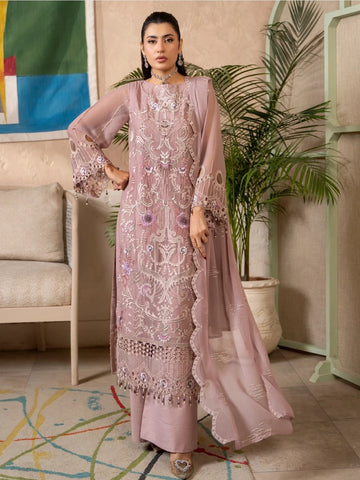Dusty Rose Chiffon Heavy Embroidered Straight Cut Luxury Wedding Wear Salwar Kameez by Fabricoz USA