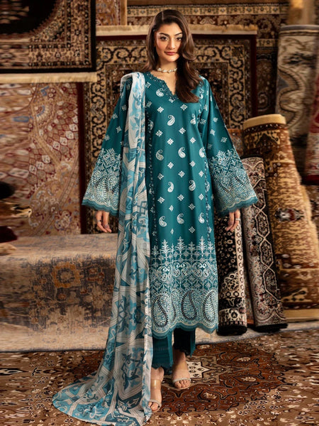 Teal Lawn Schiffli Embroidered Designer Luxury Pakistani Salwar Kameez by Fabricoz USA