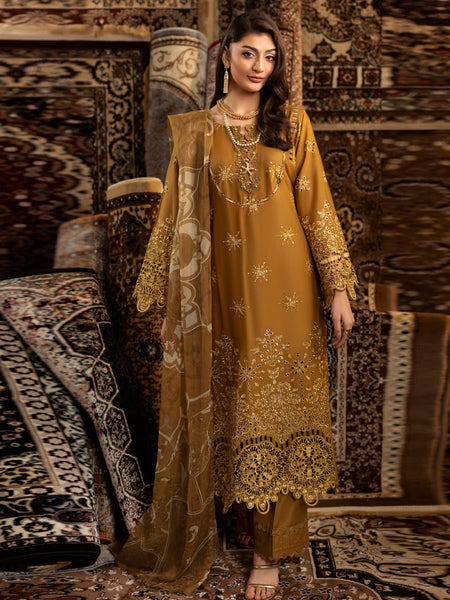 Mustard Lawn Schiffli Embroidered Royal Premium Pakistani Salwar Kameez by Fabricoz USA