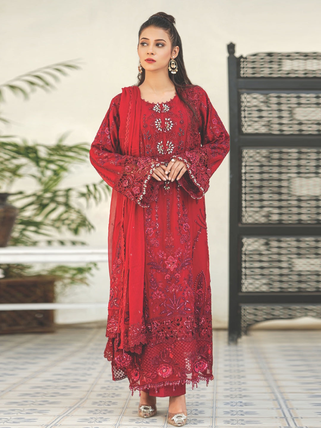 Red Chiffon Heavy Embroidered Straight Cut Luxury