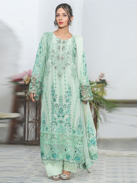 Pastel Mint Chiffon Heavy Embroidered Elegant Pakistani Dress by Fabricoz USA