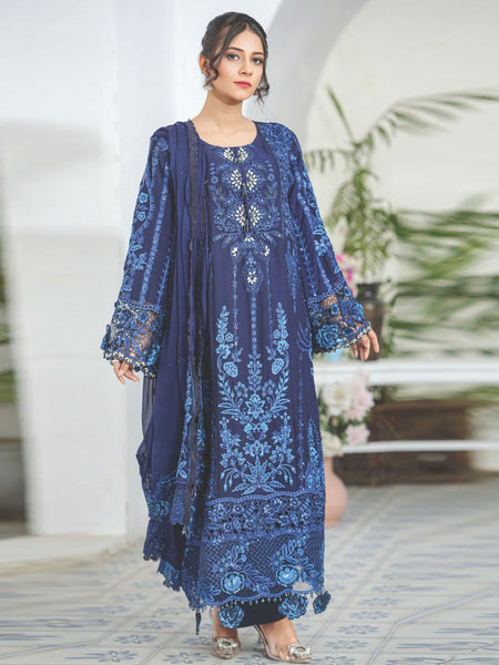Navy Blue Chiffon Heavy Embroidered Luxury Pakistani Dress by Fabricoz USA