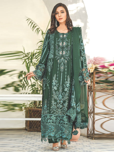 Emerald Green Chiffon Heavy Embroidered Royal Pakistani Dress by Fabricoz USA