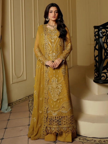 Mustard Gold Chiffon Luxe Embroidered Glam Festive Wear Salwar Kameez by Fabricoz USA