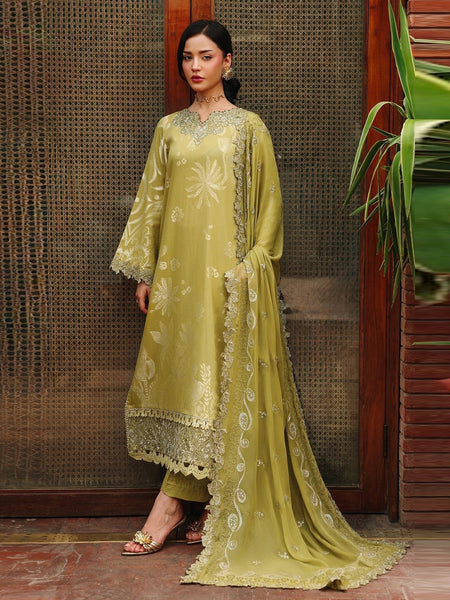 Olive Jacquard Embroidered Designer Wedding Wear Pakistani Dress by Fabricoz USA