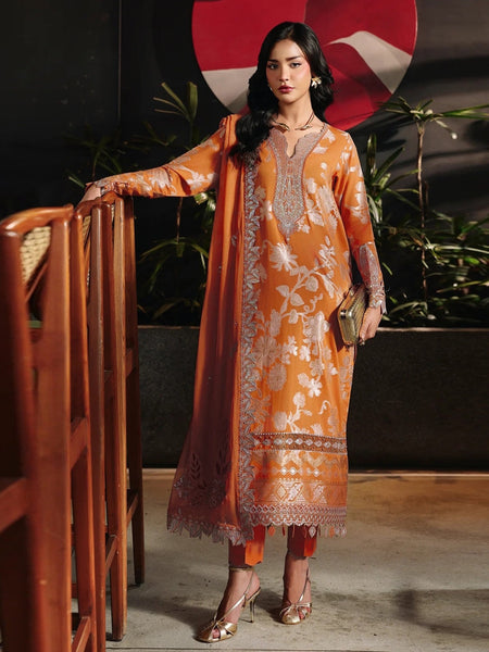 Orange Jacquard Embroidered Elegant Wedding Wear Pakistani Dress by Fabricoz USA