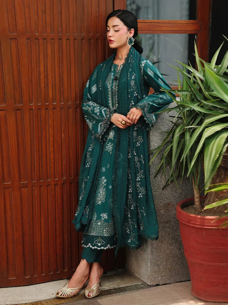 Teal Jacquard Heavy Embroidered Luxe Festive Wear Pakistani Dress by Fabricoz USA