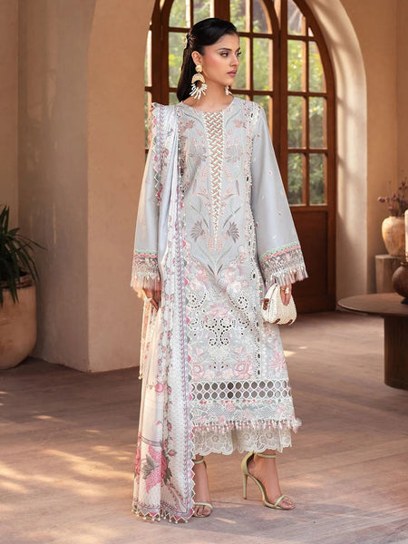 Ice Blue Exclusive Lawn Floral Embroidered Elegant Wear Pakistani Dress by Fabricoz USA