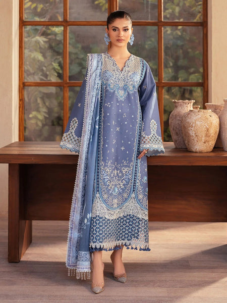 Dusty Blue Exclusive Lawn Embroidered Premium Wear Pakistani Dress by Fabricoz USA