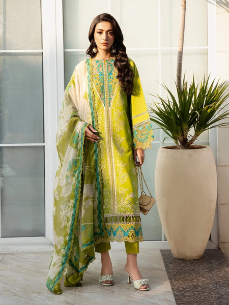 Lime Green Lawn Floral Embroidered Luxe Wear Pakistani Dress by Fabricoz USA