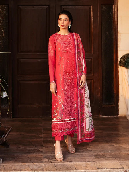 Coral Red Lawn Heavy Embroidered Glam Party Wear Pakistani Dress by Fabricoz USA