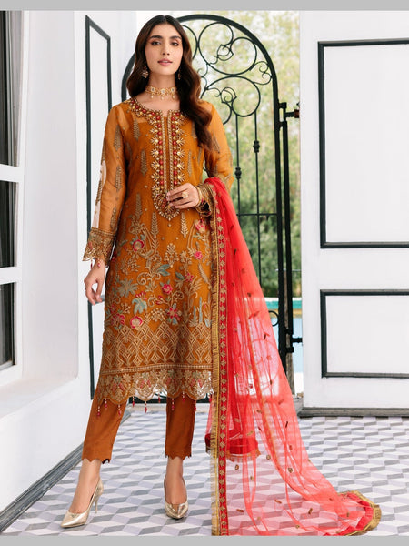 orange eid dress RANGREZ Orange Angrakha Dress with Gold Motifs