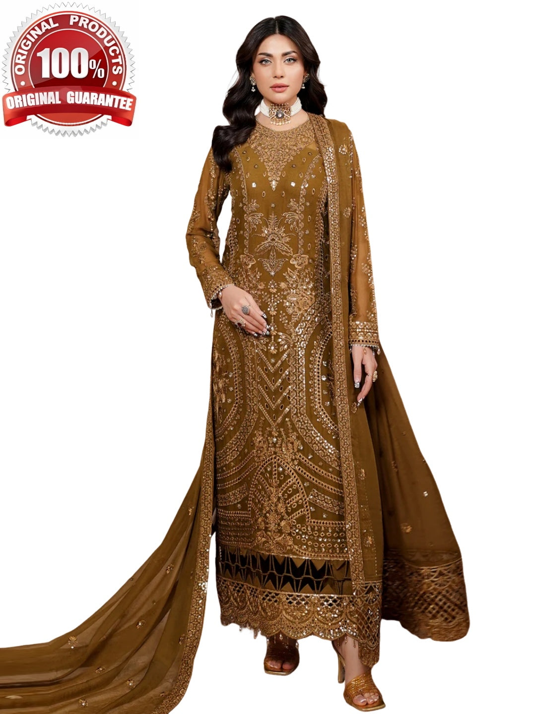 Olive Brown Chiffon Heavy Salwar Kameez
