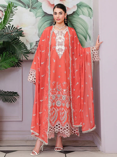 Coral Peach Lawn Chikankari Embroidered Pakistani Salwar Kameez by Fabricoz USA