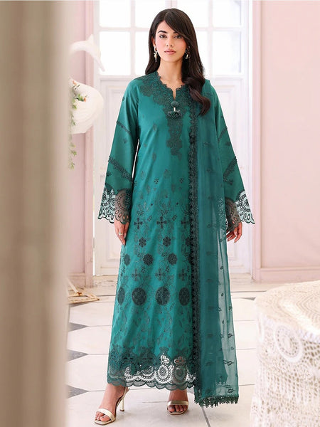Teal Green Lawn Chikankari Embroidered Straight Cut Pakistani Salwar Kameez by Fabricoz USA