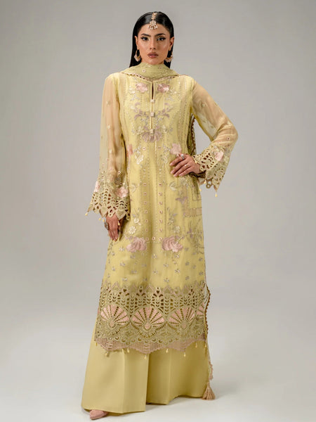 Pastel Yellow Chiffon Floral Embroidered Elegant Pakistani Dress by Fabricoz USA