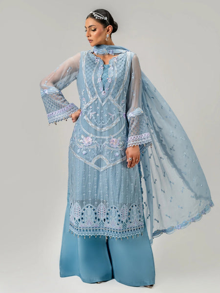 Sky Blue Chiffon Heavy Embroidered Luxury Pakistani Dress by Fabricoz USA