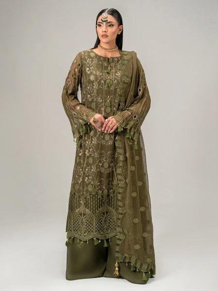 Olive Chiffon Intricate Threadwork Royal Pakistani Dress by Fabricoz USA