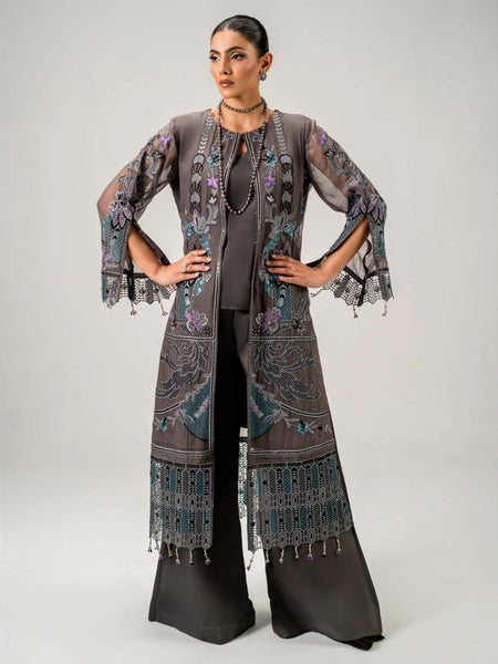 Charcoal Grey Chiffon Heavy Embroidered Pakistani Dress by Fabricoz USA