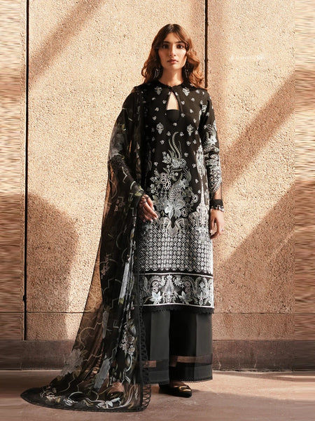 Black Salwar Kameez - Lawn Chiffon Embroidery