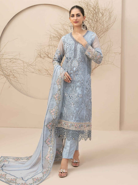 Blue Pakistani Dress - Embroidered Organza Jacquard