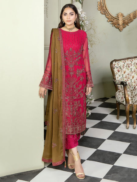 Red Salwar Kameez - Embroidered Viscose Chiffon