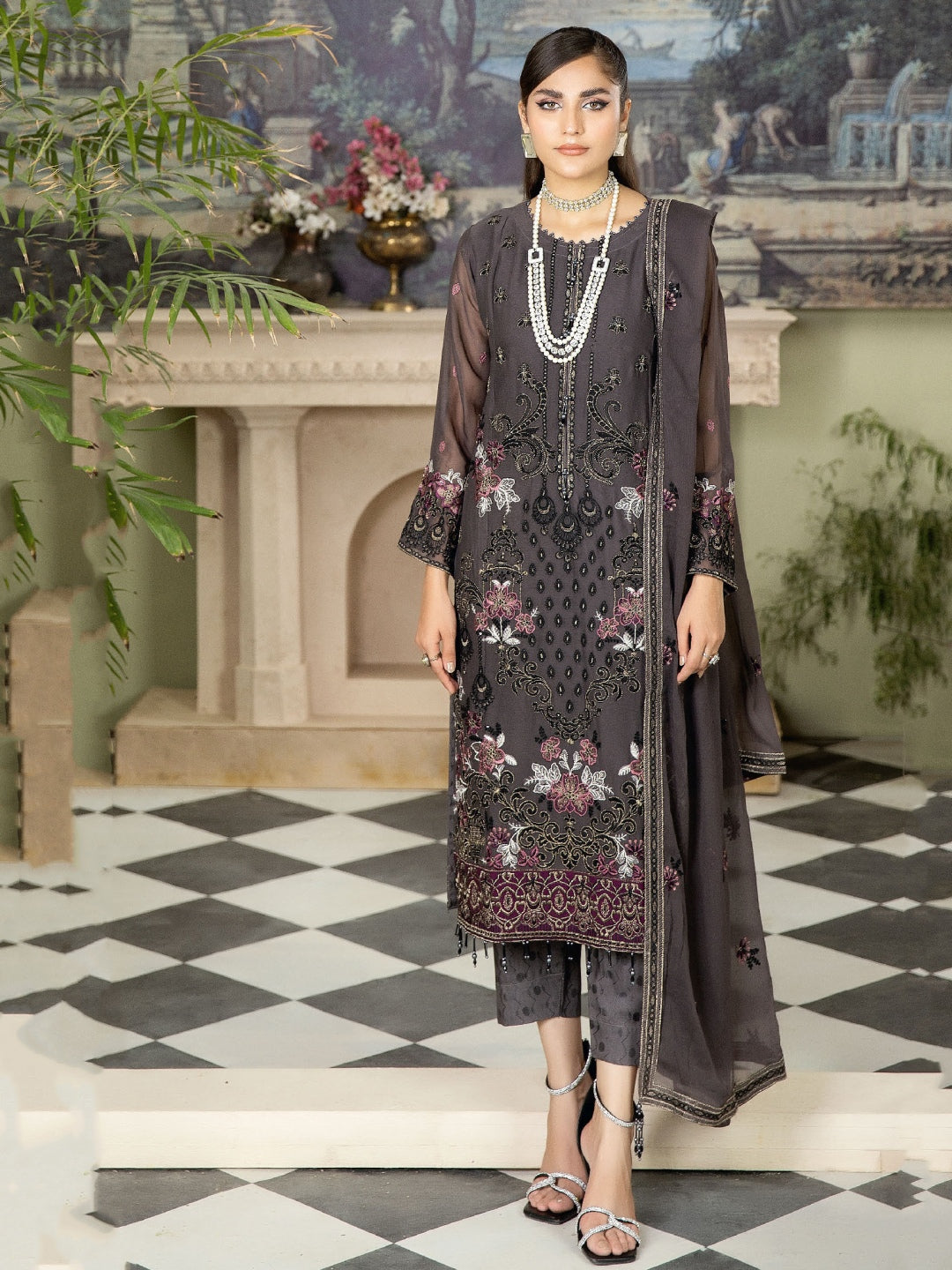 Grey Embroidered Viscose Chiffon
