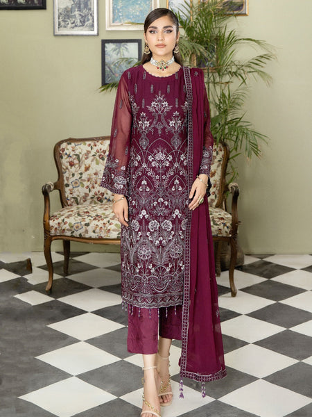 Red Salwar Kameez - Embroidered Viscose Chiffon