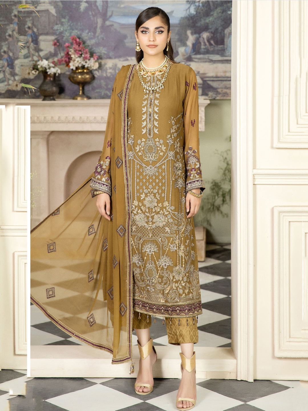 Pakistani Dress Golden Viscose Chiffon Pakistani Dress Golden Viscose Chiffon
