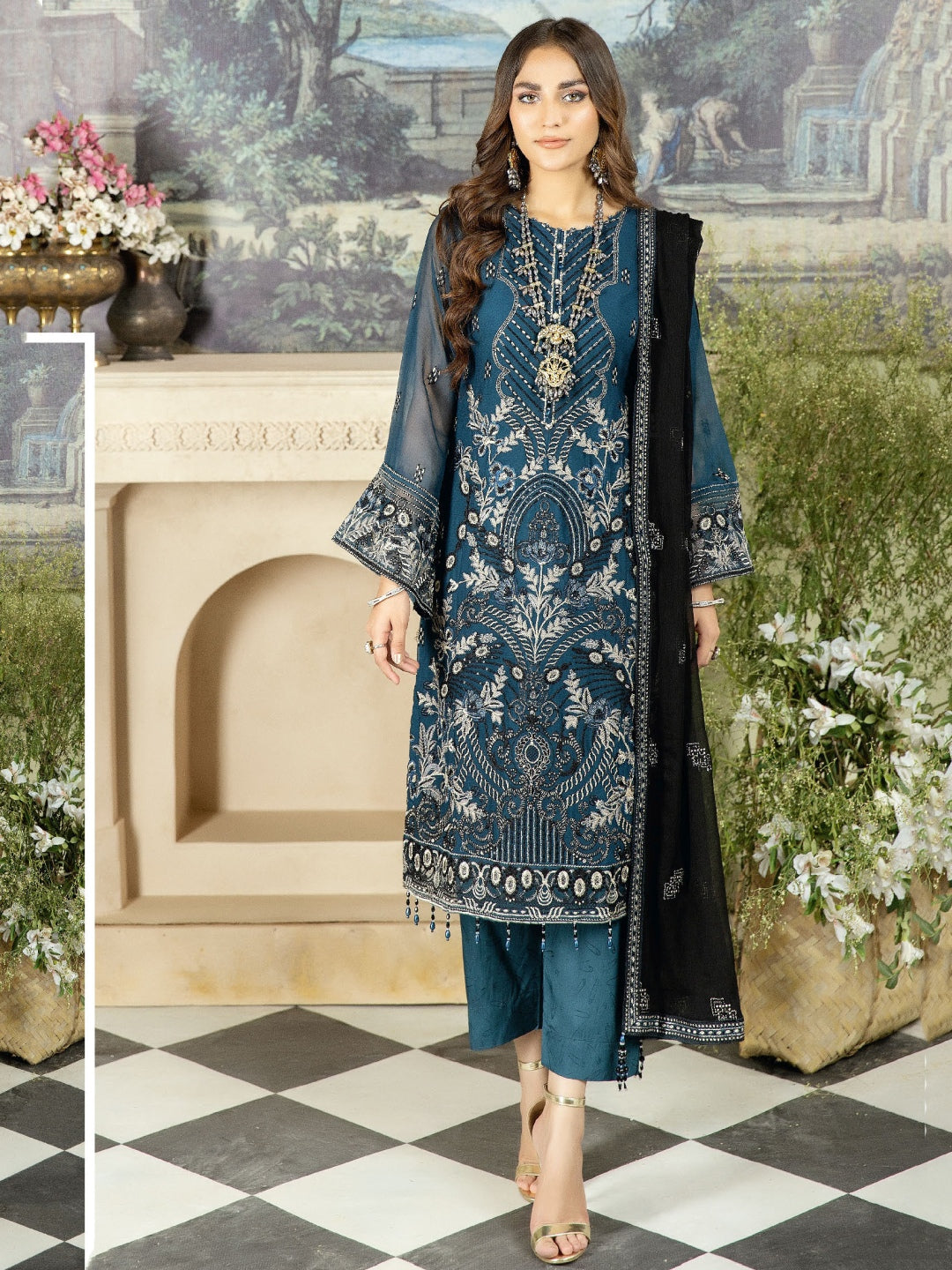 dark blue dresses pakistani Azure Ensembles Imperial Midnight: Navy Blue Chiffon Pakistani Suit for  Festive Occasions – YourLibaas main image 0