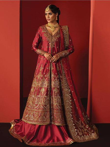 Coral Red Rawsilk Heavy Zari Work Luxury Pakistani Dress by Fabricoz USA