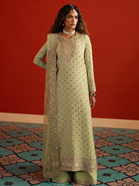 Pastel Green Rawsilk Finely Embroidered Elegant Pakistani Dress by Fabricoz USA