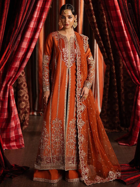 Rust Rawsilk Heavy Embroidered Elegant Pakistani Dress by Fabricoz USA