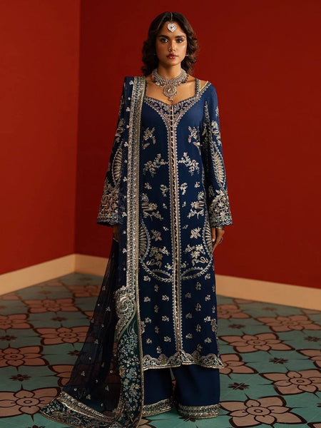 Navy Blue Rawsilk Intricate Threadwork Luxury Pakistani Dress by Fabricoz USA