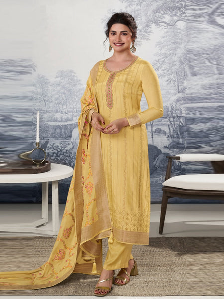 Yellow Indian Dress - Jacquard Embroidery