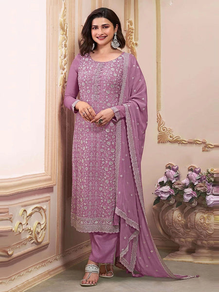 Straight Salwar Kameez - Thread Embroidery on Chinon