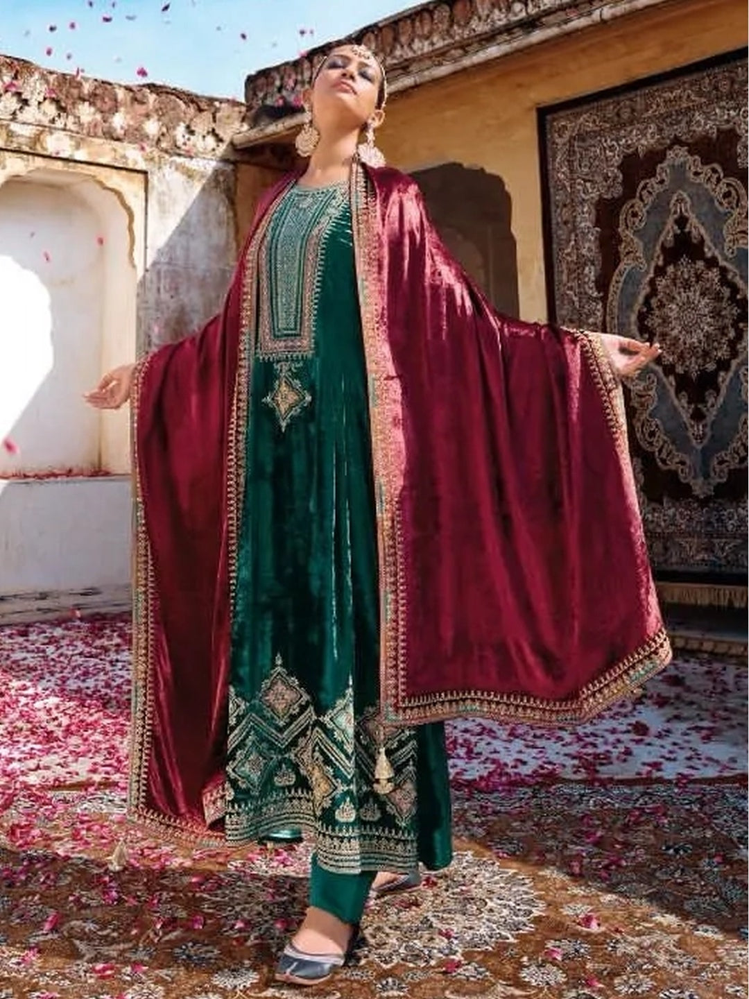 Indian Dress Green Viscose Velvet Designer Indian Dress Green Viscose Velvet Designer
