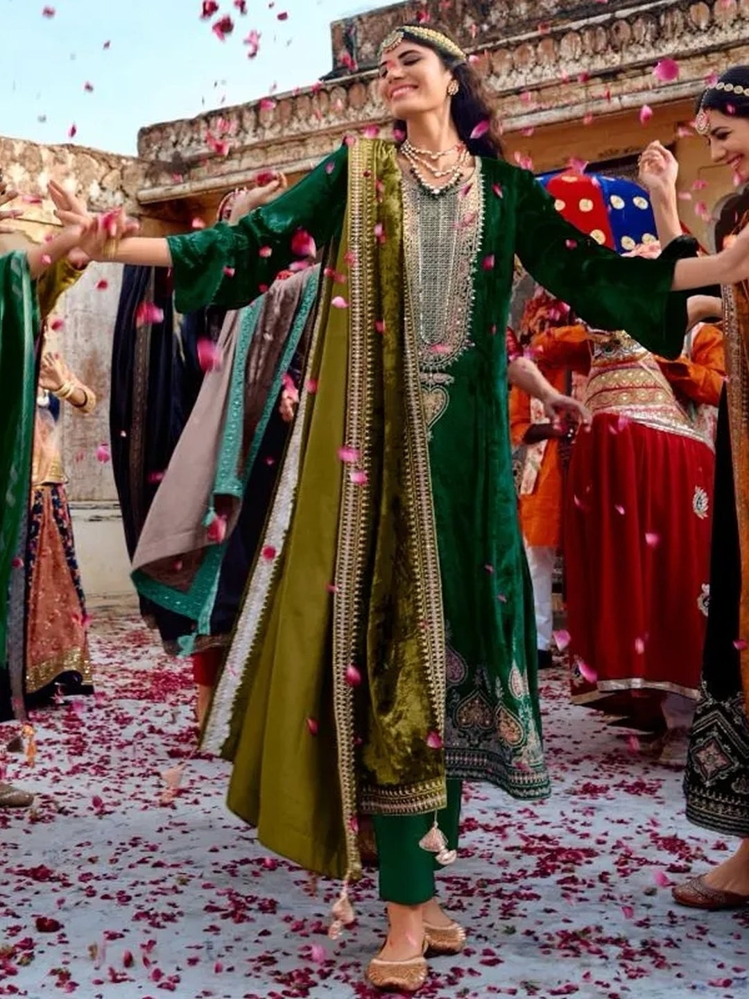 Indian Dress Green Viscose Velvet Designer Indian Dress Green Viscose Velvet Designer
