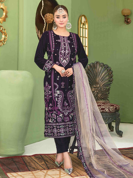 Purple Pakistani Dress - Embroidered Velvet