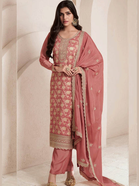 Pink Indian Dress - Silk Jacquard Embroidery