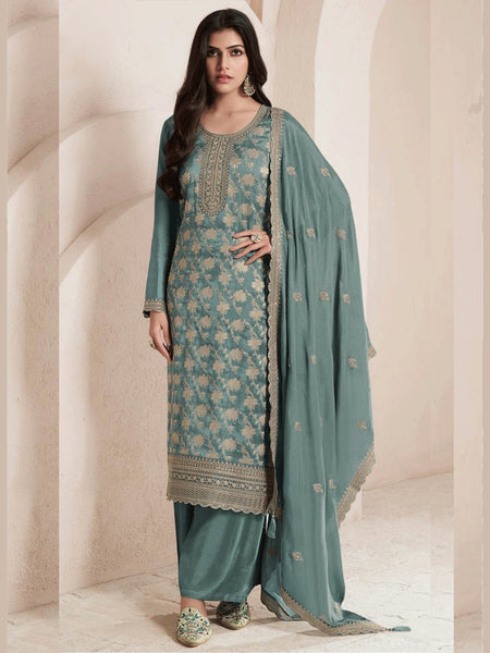 Green Indian Dress - Silk Jacquard Embroidery