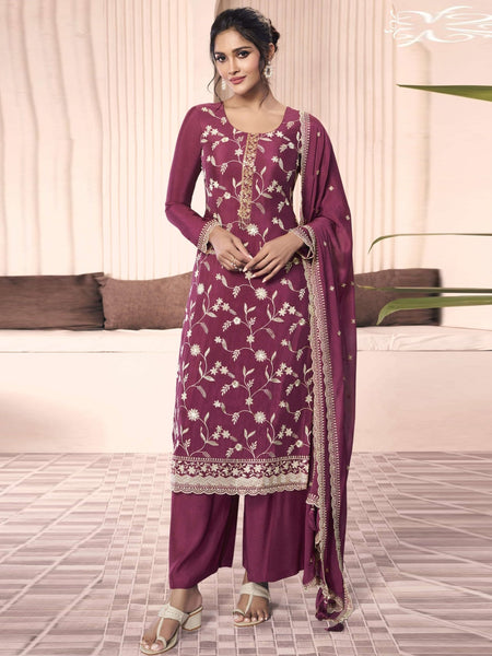 Red Salwar Kameez - Embroidered Thread Chinon