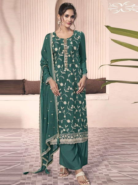 Red Salwar Kameez - Embroidered Thread Chinon
