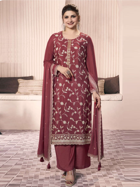 Red Salwar Kameez - Embroidered Thread Chinon