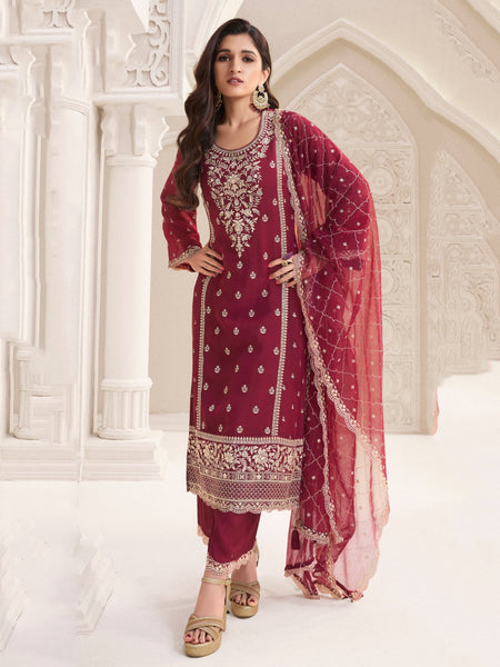 Red Salwar Kameez - Embroidered Silk Chiffon