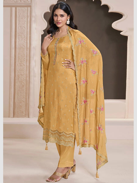 Yellow Salwar Kameez - Art Silk Embroidery