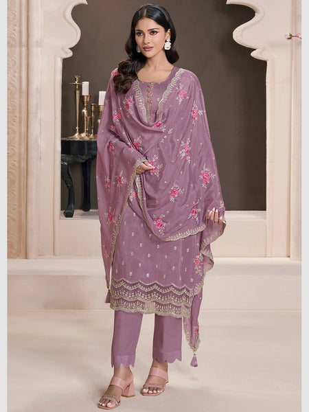 Purple Salwar Kameez - Art Silk Embroidery