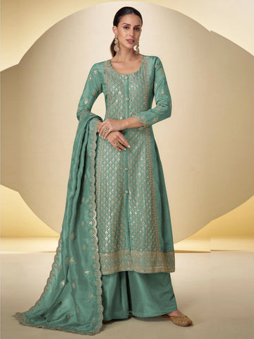 Sea Green Art Silk Heavy Embroidered Straight Cut Elegant Festive Wear Salwar Kameez by Fabricoz USA
