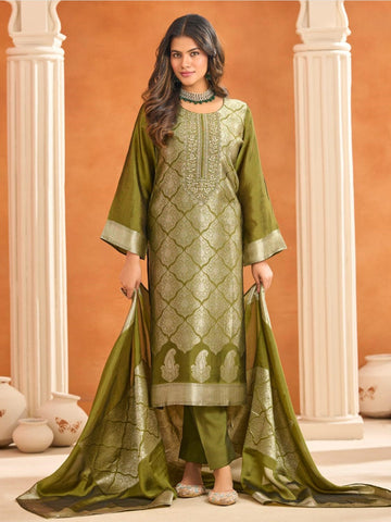 Green Jacquard Silk Festive Wear with Dupatta Salwar Kameez by Fabricoz USA