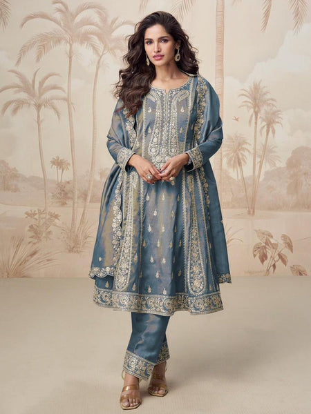 Steel Blue Simar Silk Zari Work Luxury Salwar Kameez by Fabricoz USA